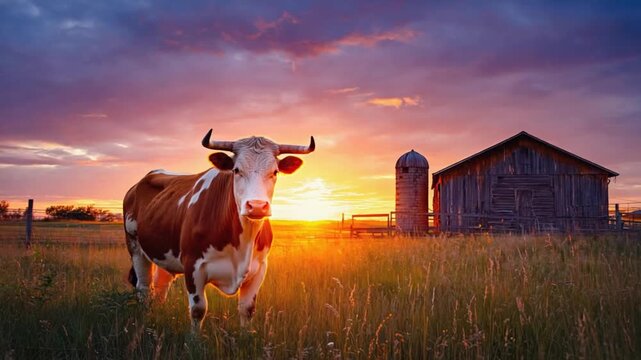hereford cow grazing farm at sunset video
