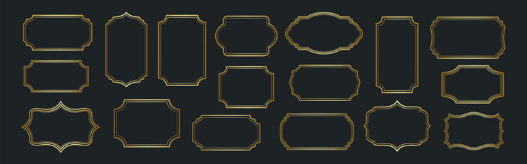 Gold decorative frame and border set, vintage elegant ornamental labels, luxury outline badge collection isolated on black background