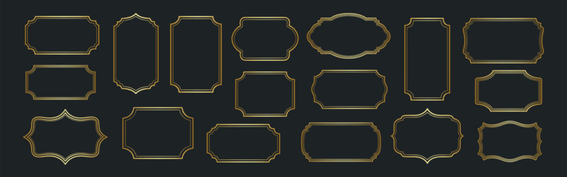 Gold decorative frame and border set, vintage elegant ornamental labels, luxury outline badge collection isolated on black background