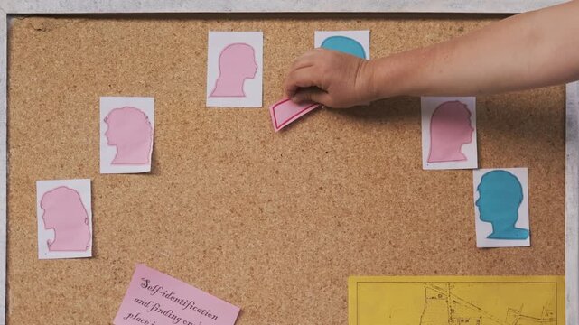 Hand placing head silhouettes on corkboard Psychological mapping, connecting people, team structure and demographics, human resources, leadership, psychology, creative brainstorming, Gender balance