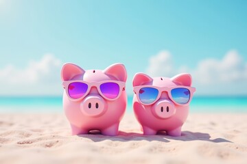 Piggybank Family in Pink with Holographic Sunglasses on Futuristic Holographic Beach