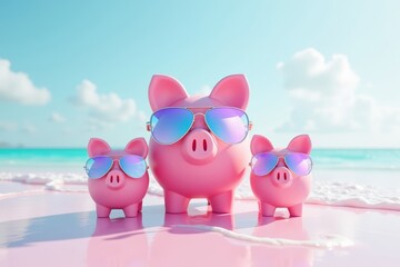 Front view of a stunning pink piggybank family sporting holographic sunglasses on a futuristic holographic beach.