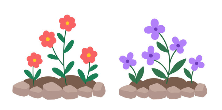 Flowers growing in soil in stone flowerbed vector set.
Outdoor stone flowerbed with blooming flowers illustration.
Garden flowers in stone enclosed flowerbed clipart collection.