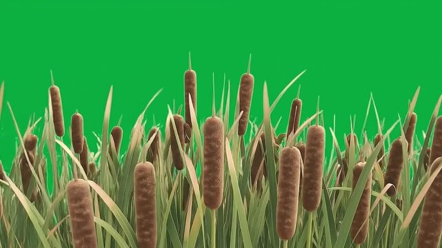 Cinematic shot of brown cattails and green marsh grass isolated on a green screen background