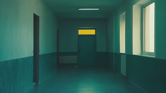 Long empty teal corridor in an abandoned school or hospital, dramatic perspective of light and shadow evoking mystery, suspense and quiet loneliness within an old institution
