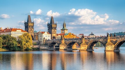 Fototapeta premium Prague Charles Bridge, sunlit view