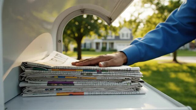 Person delivering newspapers to mailbox