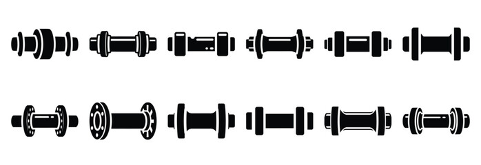 machine axle silhouette vector icons set, industrial machinery parts abstract mechanical illustration.