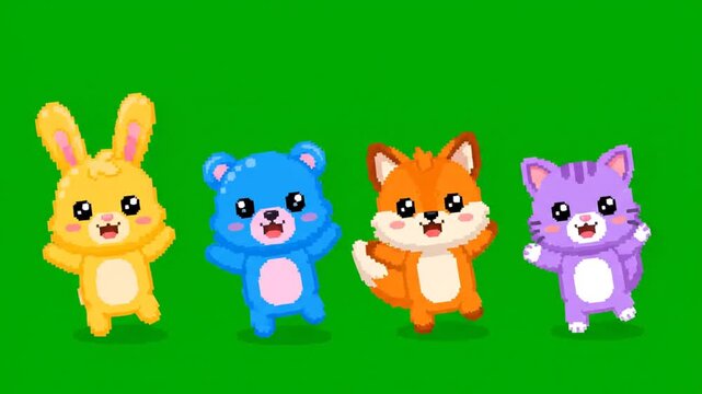 Four cartoon animals, a rabbit, bear, fox, and cat, standing together in a green background environment from a frontal viewpoint.