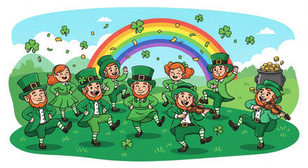 Fototapeta premium Group of leprechauns dancing under a rainbow with shamrocks and a pot of gold