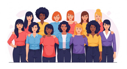 Obraz premium Diverse group of women standing together in unity and solidarity with colorful clothing