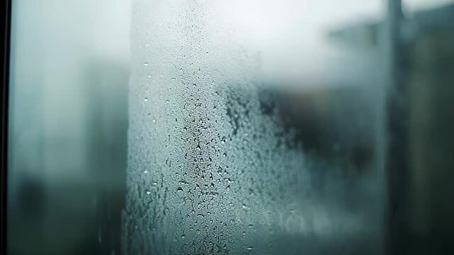 Close up of condensed water droplets forming a textured pattern on clear glass, reflecting a softly blurred interior background and conveying fresh, humid, abstract atmosphere