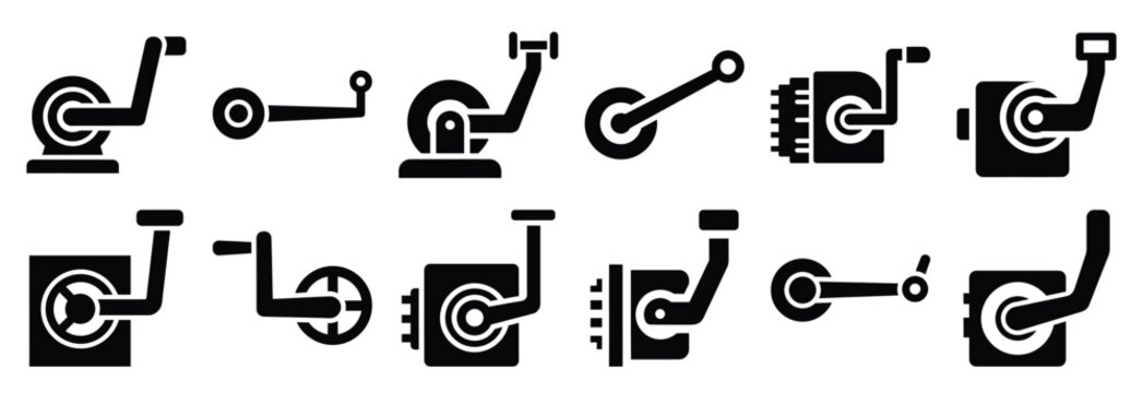machine crank silhouette vector icons set, industrial machinery parts abstract mechanical illustration.