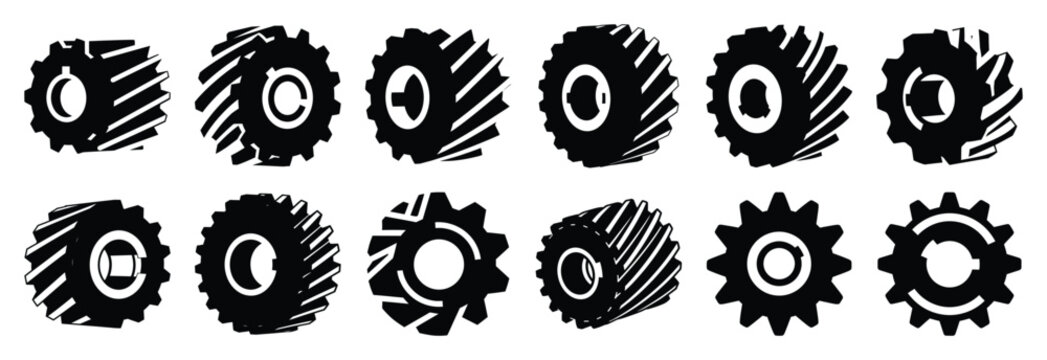 machine drive pinion silhouette vector icons set, industrial machinery parts abstract mechanical illustration.