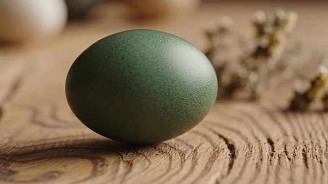A close-up of a naturally dyed green Easter egg on a rustic wooden table. Slow camera movement reveals the textured surface. Traditional holiday preparation concept