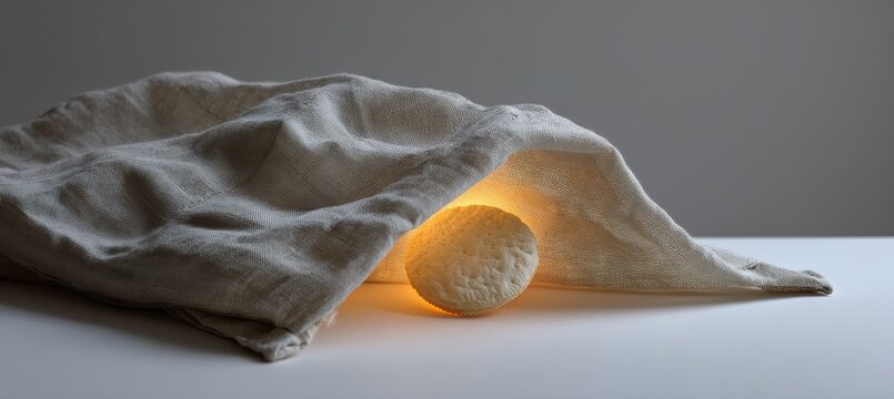 Afikoman pouch with glowing matzah half revealed in still life