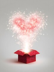 Heart-shaped sparkles fly out of a red gift box