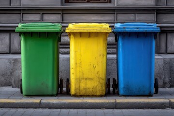 Obraz premium Recycling bins lined up on a city street against an urban background with gray architecture during daytime