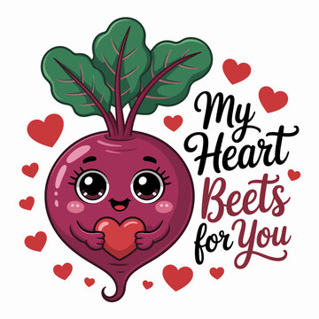 A cartoon beetroot character holds a heart and smiles.