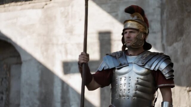 Ancient roman soldier standing in armor with spear and helmet