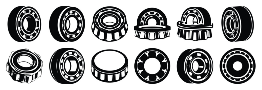 machine roller bearing silhouette vector icons set, industrial machinery parts abstract mechanical illustration.