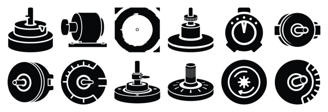machine rotary encoder silhouette vector icons set, industrial machinery parts abstract mechanical illustration.