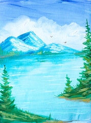 Mountain Lake Landscape with Pine Trees