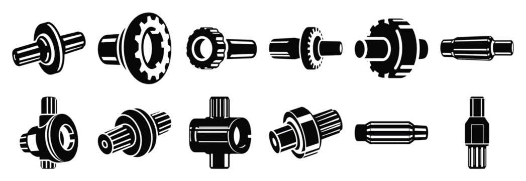 machine spline shaft silhouette vector icons set, industrial machinery parts abstract mechanical illustration.