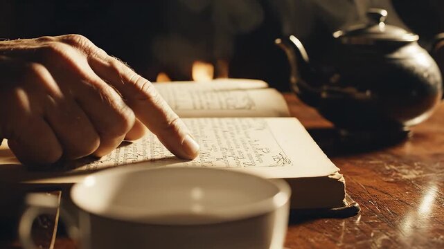 Hand reading old book with tea cup