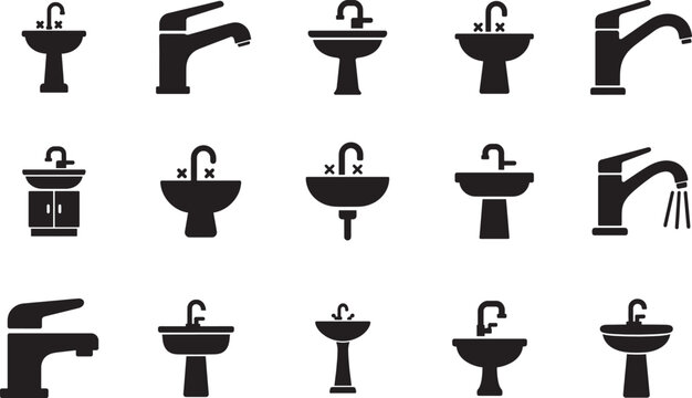   Silhouette sink, wash basin and faucet icon set for bathroom, kitchen, plumbing, and interior design.