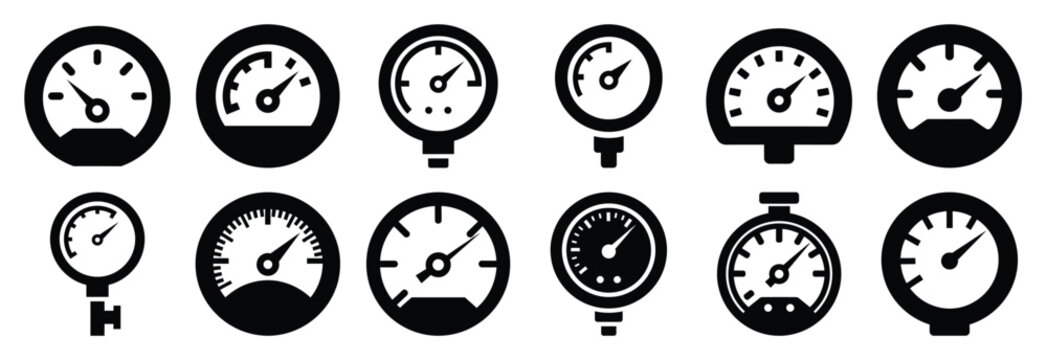 pressure gauge silhouette vector icons set, industrial machinery parts abstract mechanical illustration.