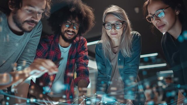Young professionals work together on a digital project in a modern office at night to share ideas and develop solutions