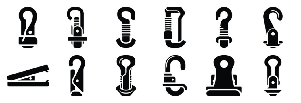 steel fastener clip silhouette vector icons set, industrial machinery parts abstract mechanical illustration.