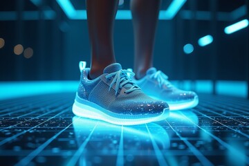A woman's digital feet in holographic shoes on futuristic graphene floor captured in close-up shot.