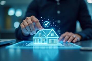Technological real estate assessment: AI tools assist in holographic verification of futuristic home model with holographic check mark placement by human hand