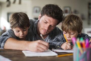 Obraz premium Father helps children with home education as they engage in distance learning activities at a table in a cozy indoor space
