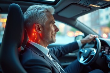 Futuristic City Resident Suffers Neck Pain from Driving AI-Enhanced Car Due to Technology