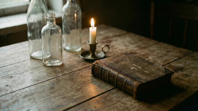Antique leather book and candle on rustic wooden table