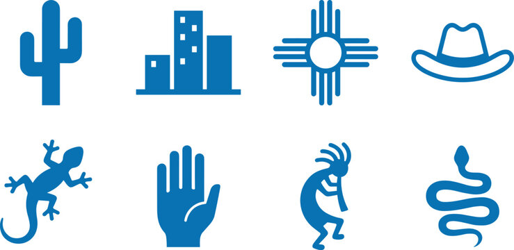 Set of Southwestern U.S. cultural icons including cactus, Zia sun, Kokopelli, and desert wildlife, ideal for regional, symbolic, and design use.