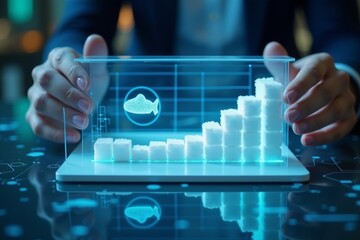 Photo Description: Beautiful people observing holographic screens showing a cutting-edge AI-driven idea for reducing sugar consumption, featuring a chart of sugar cubes in a downward trend.
