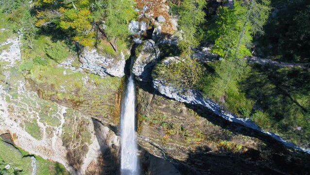 Pericnik Waterfall and forest aerial view
