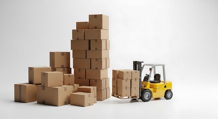 A yellow forklift loading cardboard boxes in a warehouse with stacks of parcels