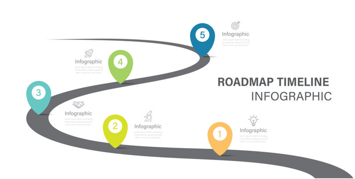 Infographic template design for business. 5 Steps Modern Timeline diagram with road journey concept. Presentation vector infographic template.