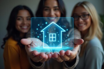 Gorgeous individuals showcase holographic screen with digital house symbol, pioneering futuristic housing equality solution.