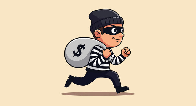 Cartoon Thief Running with Money Bag Illustration.