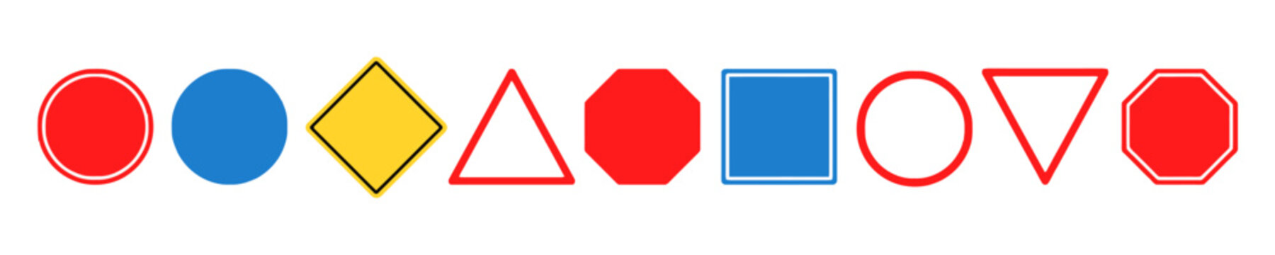 Assortment of traffic and warning signs including stop signs yield signs no entry signs prohibitory and informational signs for road safety and navigation.