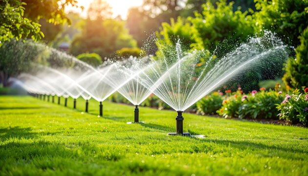 A row of lawn sprinklers sprays water in a sunlit green yard, creating a refreshing spray over vibrant grass and flowerbeds