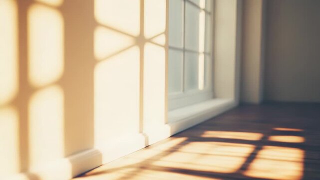 Sunlight is creating distinct geometric patterns from a window frame, illuminating a home interior wall and wooden floor with warm, natural light and deep shadows along the skirting board