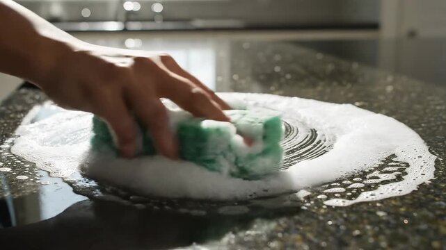 Hand cleaning countertop with sponge