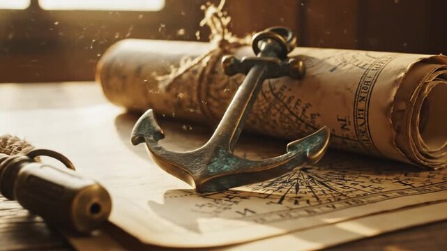 nautical scene with rope, anchor, key and map